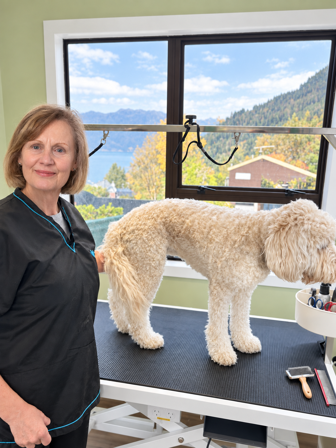 Julie grooming a dog at Perfect Day Pets in Queenstown